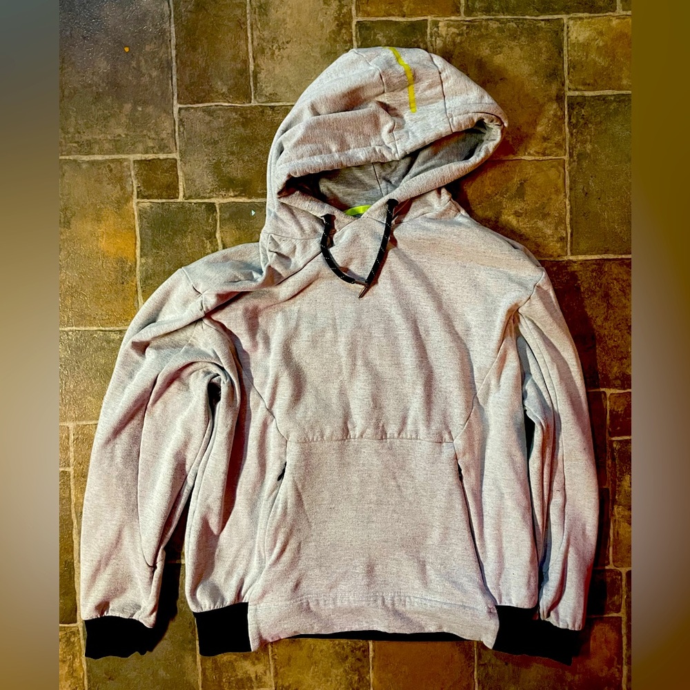 Hoodie for men size med. front pocket with zippers. Grey & hint of yellow